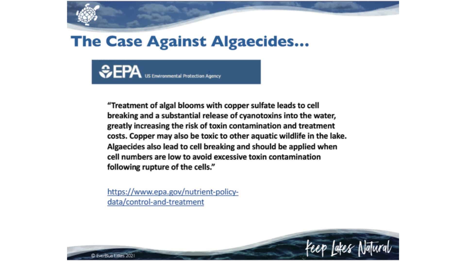 a statement from epa.gov stating that the use of copper to treat algal blooms is more harmful than beneficial.