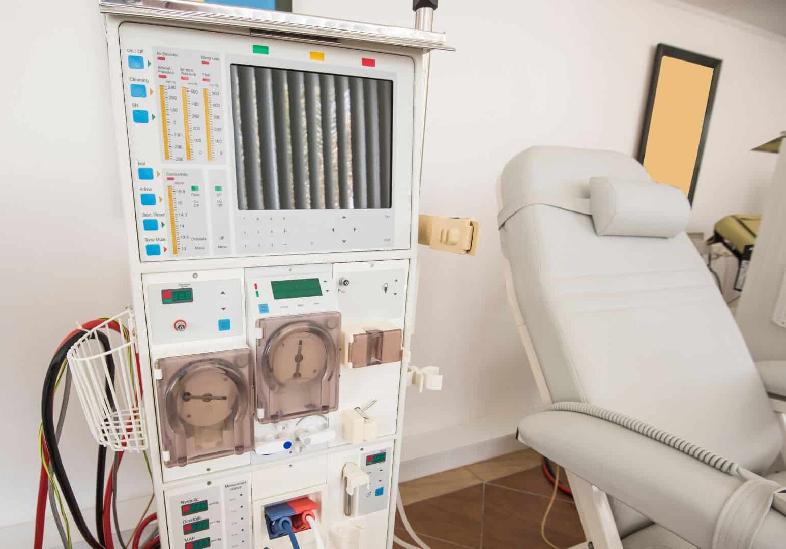 Closeup of dialysis machine and chair