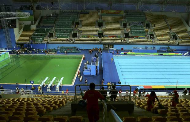 The Olympic pool at the 2016 Rio Games, turned green, creating an unusual and unexpected scene during the event.